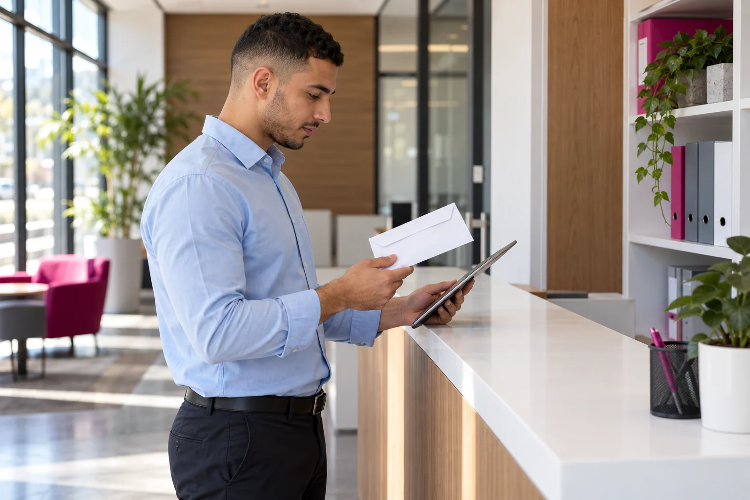 Entrepreneur qui récupère son courrier à l’accueil de son siège social à Strasbourg